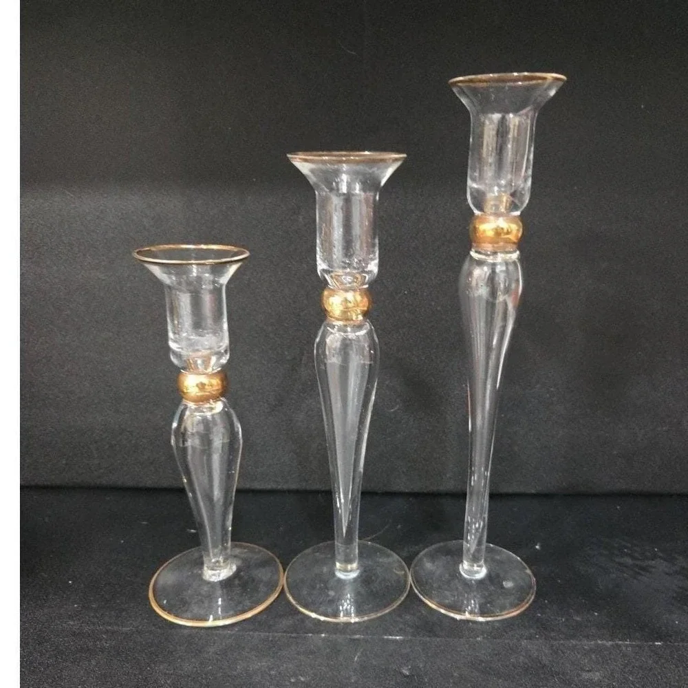 Long-Stemmed Fluted Glass Candlestick Holders, Set of 3 Vintage Gold-Rim Holiday